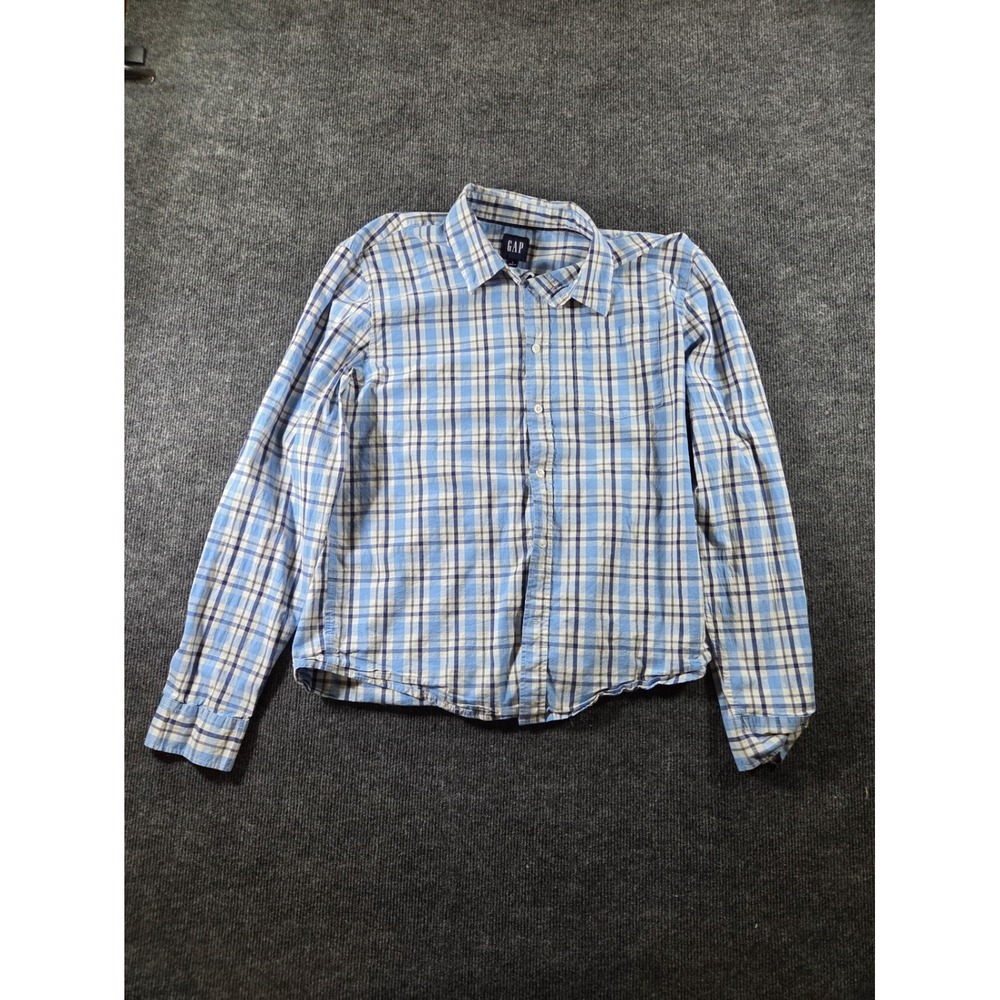 Gap Mens Large Blue White Plaid Long Sleeve Button Down Shirt Casual Preppy